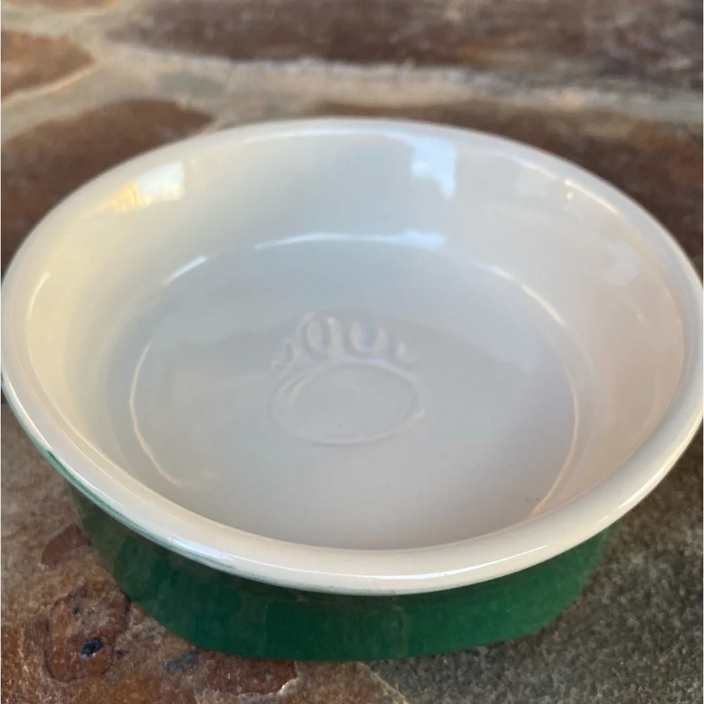 Ceramic Pet Bowl. Green and cream.